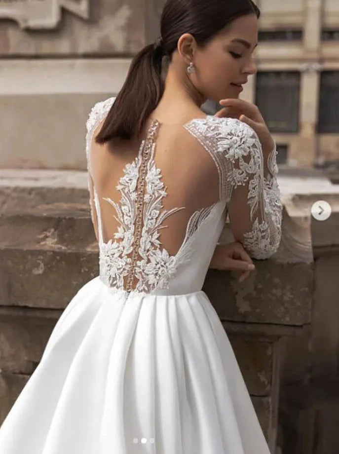 Smileven Elegant Satin Wedding Dresses Long Sleeve Lace Bride Gown Illusion Back Wedding Gown Covered Back Vestido de novia 2020