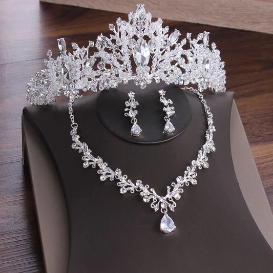 Luxury Crystal Heart Bridal Jewelry Set Rhinestone Crown Tiaras Earrings Choker Necklace Set Weddings African Beads Jewelry Sets