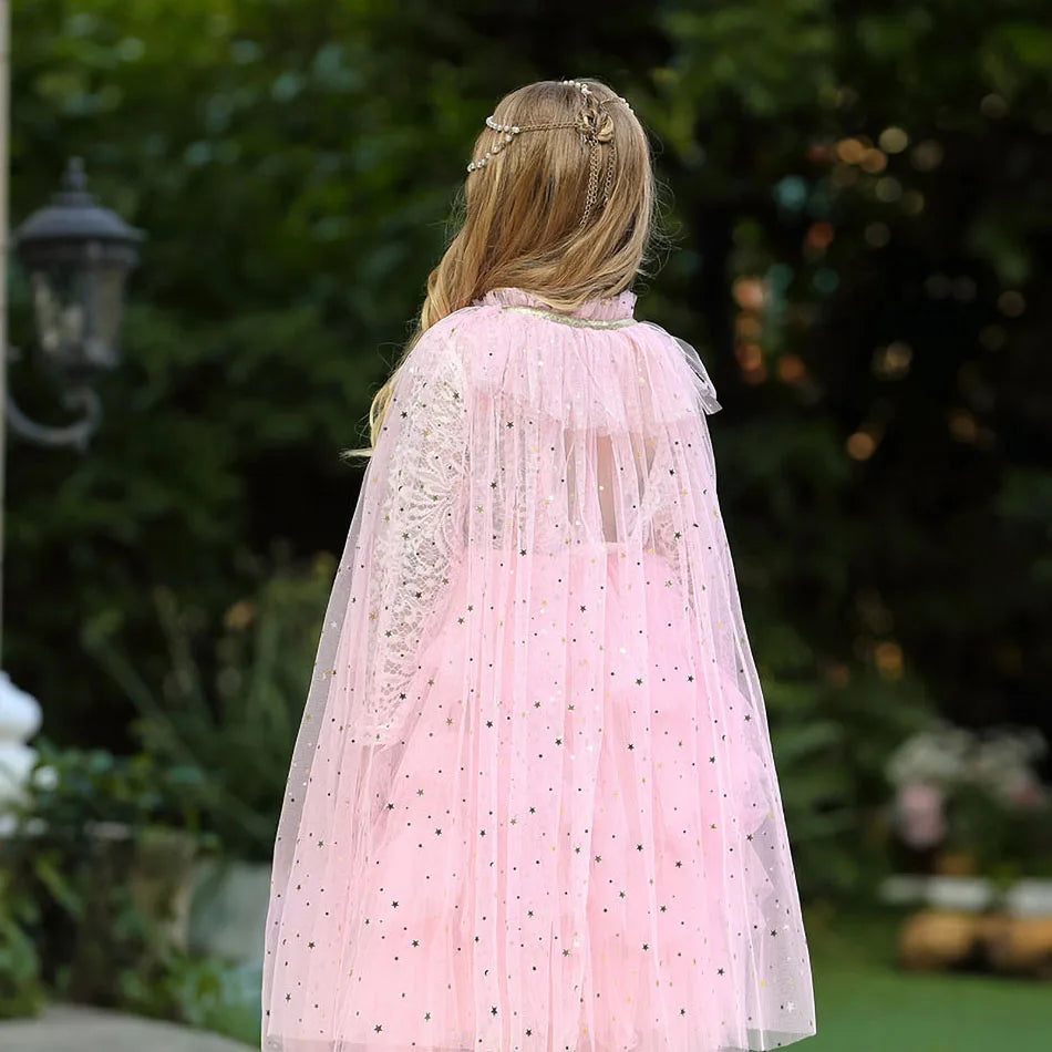 Little Girls Sequins Tulle Cape Children Princess Party Dress Up Cloaks Summer Thin Blue Pink White Halloween Birthday Costumes