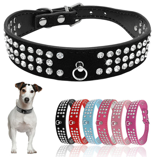 Rhinestone  Collars 3 Rows Suede Leather Diamante 5 Colors For Small Medium Dogs