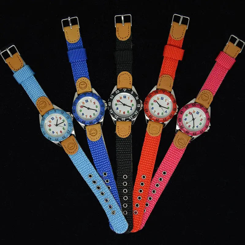 "Colorful Kids Time: Cute Quartz Watches with Fabric Straps for Boys and Girls"