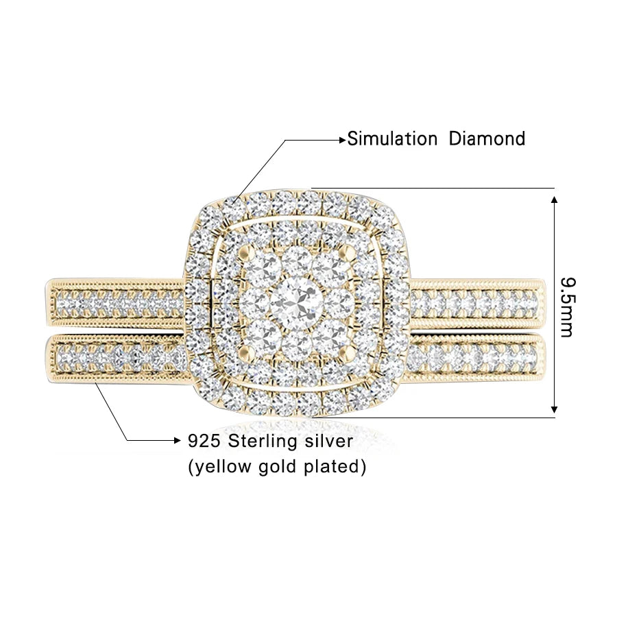 "Timeless Brilliance: 2pcs 925 Sterling Silver Engagement Ring Set with 14k Gold Plating and 2Ct Round-Cut Lab Diamond