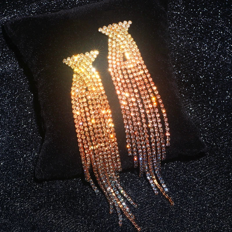 New Fashion Long Tassel Earring for Women Luxury Shiny Rhinestone Drop Dangle Earrings Elegant Weddings Bride Jewelry Gifts