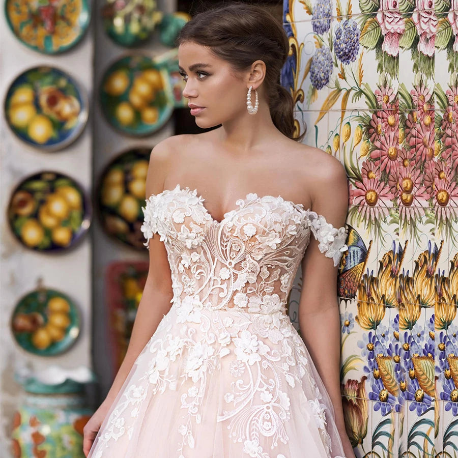Illusion Wedding Dresses Tulle with Lace Appliques Sexy Off the Shoulder.