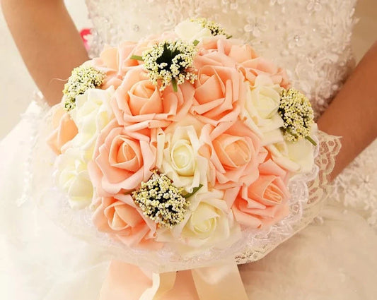 "Pink Petal Perfection: Artificial PE Rose Bouquet with Fake Pearl Accents - Ideal for Bridesmaids and Festive Wedding Decorations"