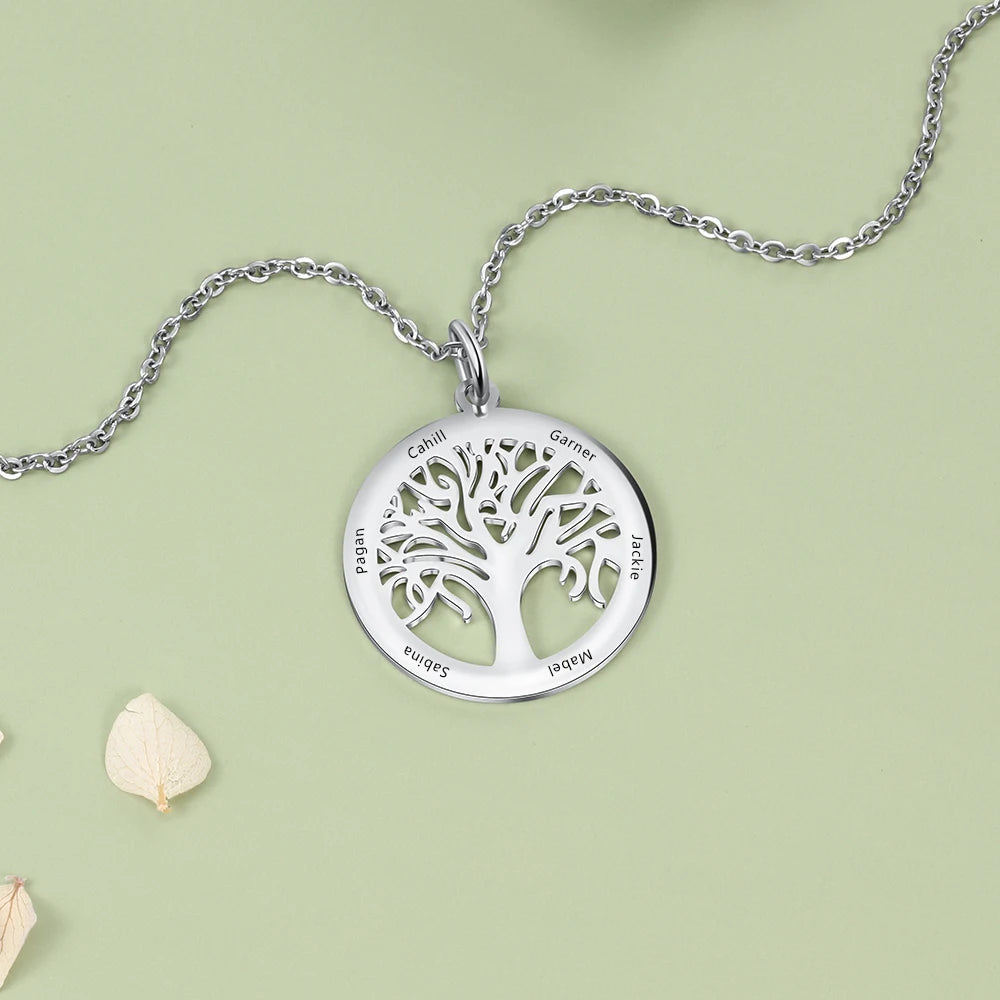 Personalized Family Tree Necklace Custom 6 Names Tree of Life Stainless Steel Pendant Necklace Gift for Loved Ones