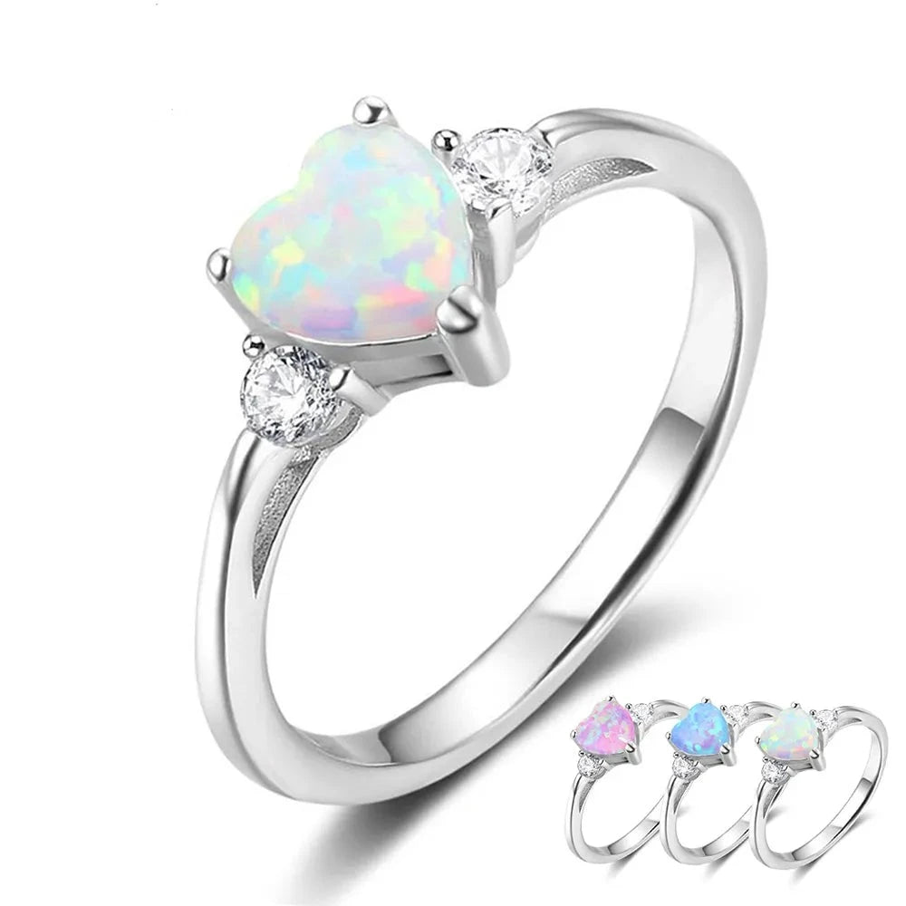 Classic Eternal Heart Rings Silver Color Blue Pink White Opal Women's Ring Engagement Finger Ring Fashion Jewelry for Women
