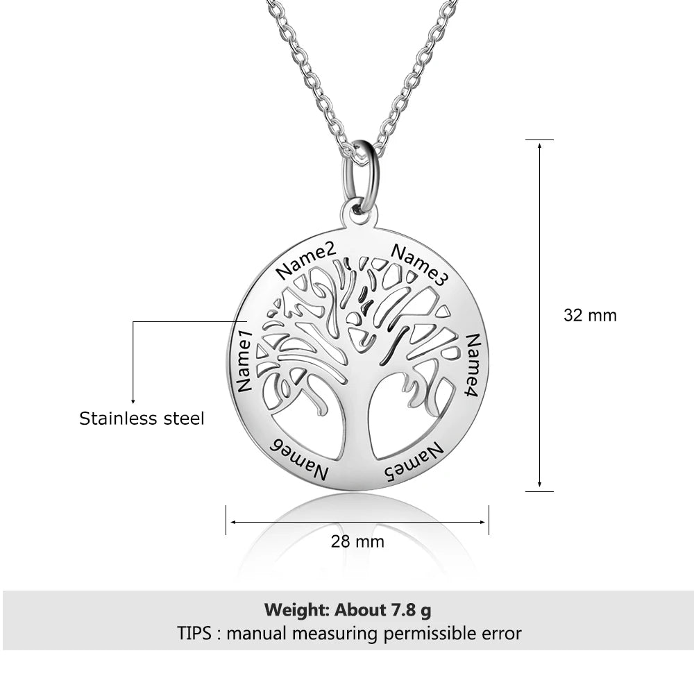 Personalized Family Tree Necklace Custom 6 Names Tree of Life Stainless Steel Pendant Necklace Gift for Loved Ones