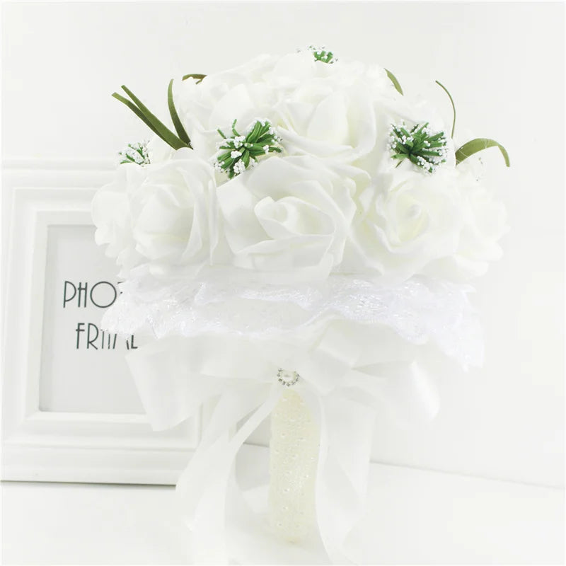 "Pink Petal Perfection: Artificial PE Rose Bouquet with Fake Pearl Accents - Ideal for Bridesmaids and Festive Wedding Decorations"
