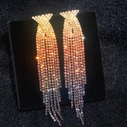 New Fashion Long Tassel Earring for Women Luxury Shiny Rhinestone Drop Dangle Earrings Elegant Weddings Bride Jewelry Gifts