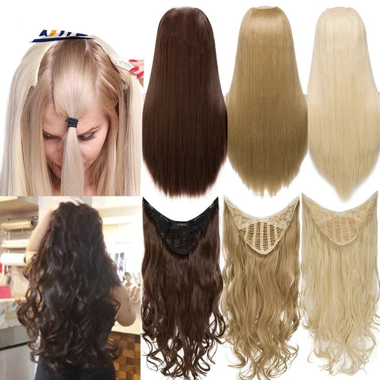 HAIRRO Clip in Hair Extension U part Natural Hair Straight Long Blonde Black False Hair Piece Synthetic Hairpiece Heat Resistant