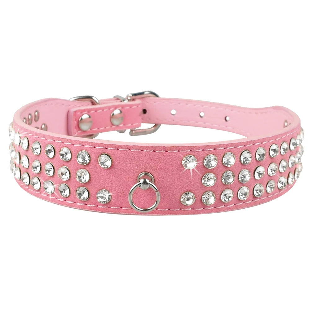 Rhinestone  Collars 3 Rows Suede Leather Diamante 5 Colors For Small Medium Dogs