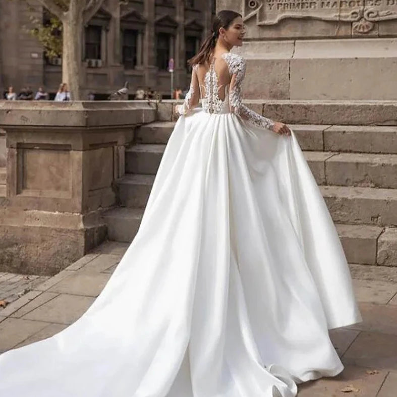 Smileven Elegant Satin Wedding Dresses Long Sleeve Lace Bride Gown Illusion Back Wedding Gown Covered Back Vestido de novia 2020