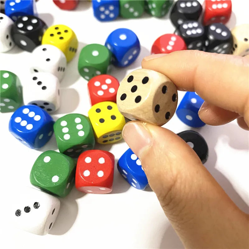 "Set of 10 Wooden D6 Dice: 16mm Digital Number Cubes for Board Games and Educational Fun"