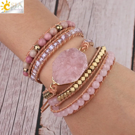 CSJA Natural Stone Bracelet  Quartz Leather Wrap  for Women Rose Gems Crystal Beads Bohemia  Jewelry 5 Strand S308