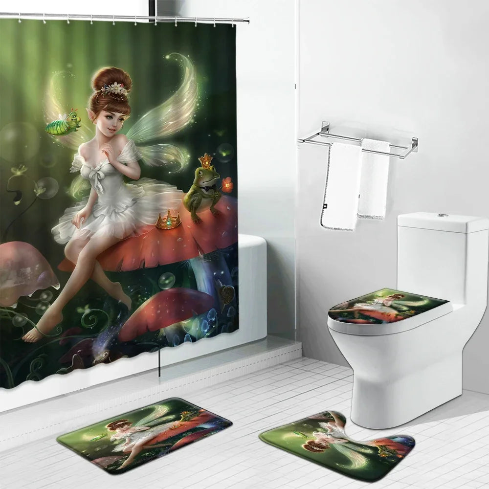 "Angels in Heaven Shower Curtain Set - Fantasy Enchanted Forest Design with Elves, Mushroom Motif, Toilet Lid Cover & Bath Mat"