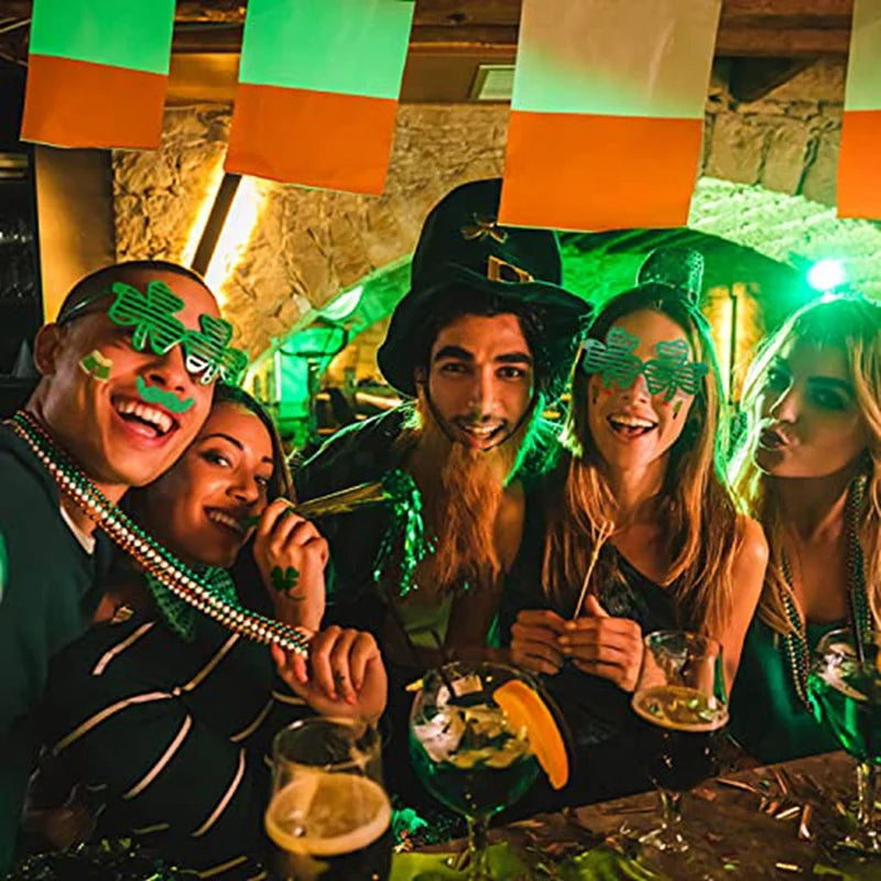 "St. Patrick's Day Decorations Set - Green Glasses, Necklaces, Headband, Bracelets, Coins, Tattoos, and Stickers for Festive Celebration"