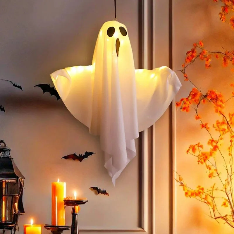 "LED Light-Up Hanging Ghost - Spooky Flying Ghost Prop for Outdoor Yard, Tree, & Porch - Perfect Halloween Party Decor"