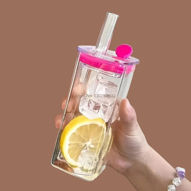 "Sip in Style: 350ML Square Mug with Lids, Straws, and Single-Colored Handle for Trendy Beverage Enjoyment"