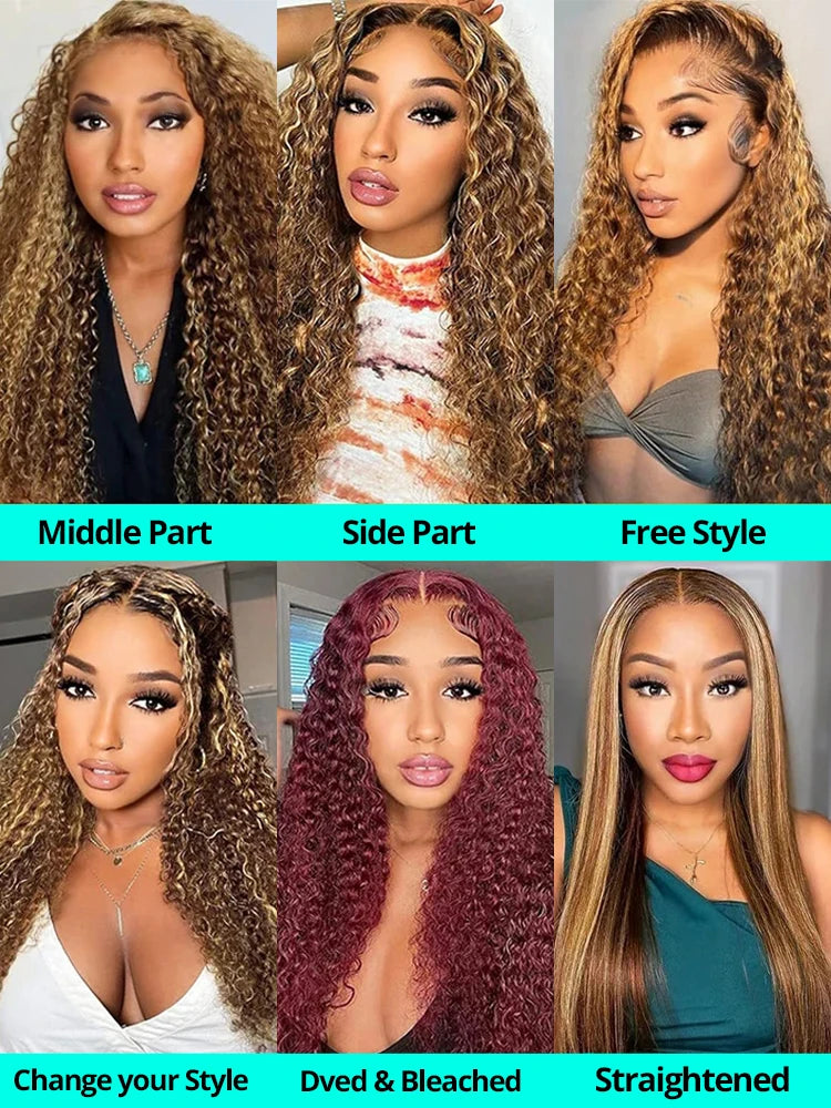 "30-Inch Pre-Cut Glueless Human Hair Wig - Ombre Curly Deep Wave 13x4 Lace Frontal Wig in Highlights 4/27"