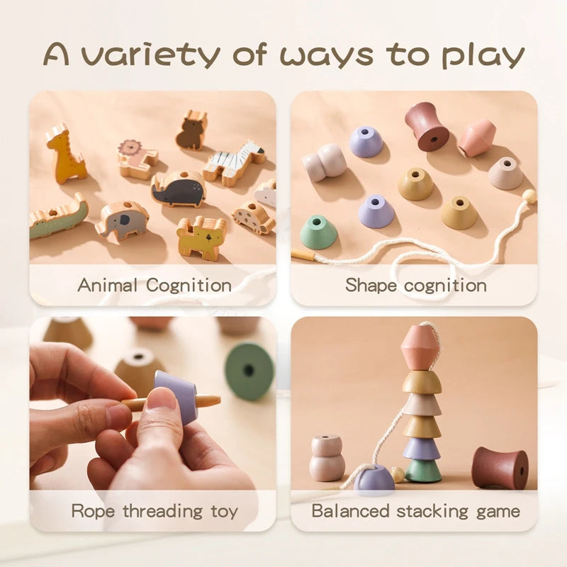 "Wooden Animal Threading Blocks: Montessori-inspired Fun for Hands-on Learning!"