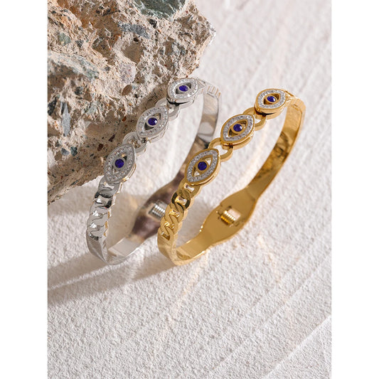 Charm Turkish Evil Eye Stainless Steel Statement Bangle Bracelet Trendy Fashion Zircon Waterproof Gold Color Jewelry
