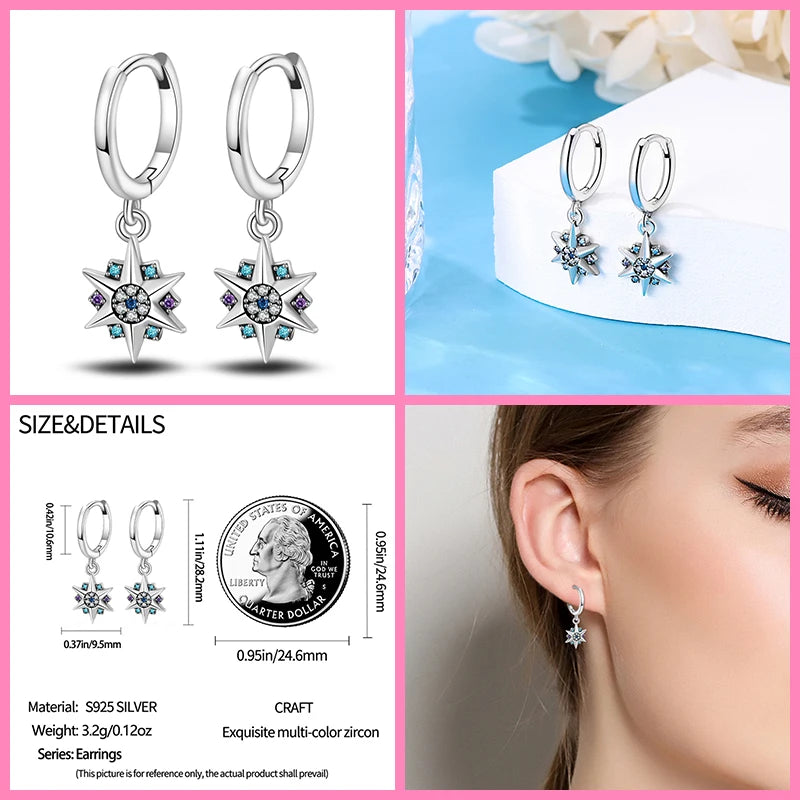 2024 New in Star Shaped Blue Sparkling Zircon Stud Earrings Women 925 Silver Pendant Earring Jewelry Party Anniversary Hot Gift