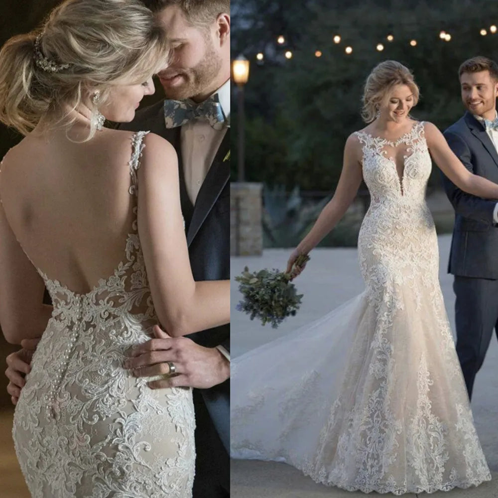 "Luxury Mermaid Wedding Dress: Elegance Redefined with V-Neck, Backless Design, and Lace Detailing"