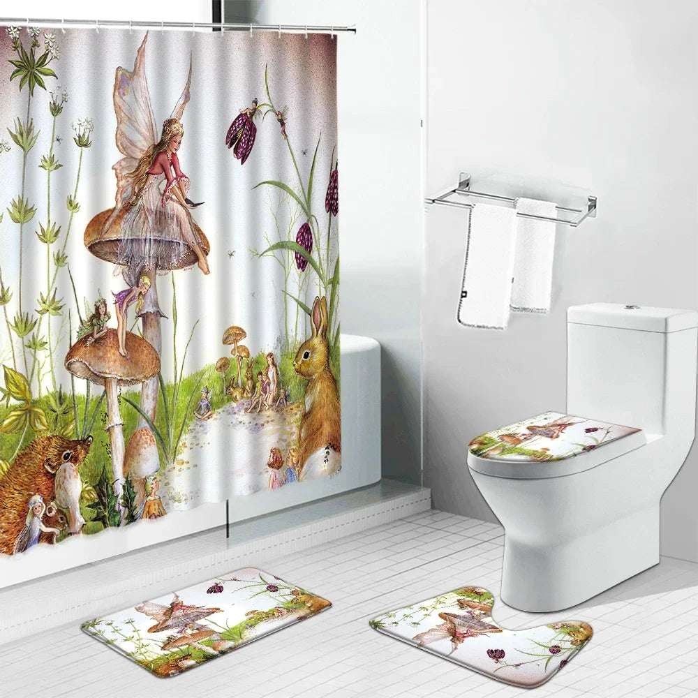 "Angels in Heaven Shower Curtain Set - Fantasy Enchanted Forest Design with Elves, Mushroom Motif, Toilet Lid Cover & Bath Mat"