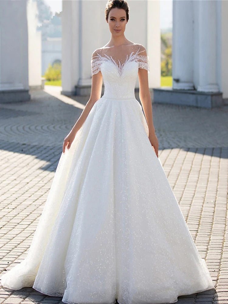 Shiny Off The Shoulder 2023 Wedding Dress For Bride Elegant Glitter Lace A-Line Bridal Gown Illusion Pleats Robe De Mariée