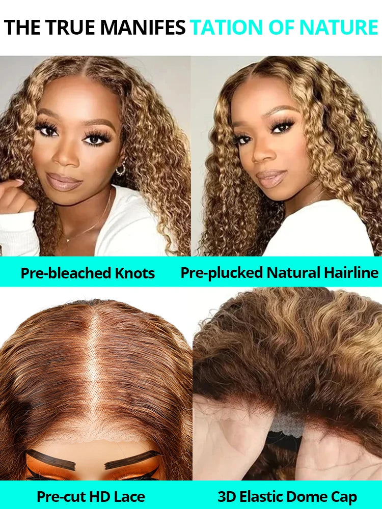 "30-Inch Pre-Cut Glueless Human Hair Wig - Ombre Curly Deep Wave 13x4 Lace Frontal Wig in Highlights 4/27"