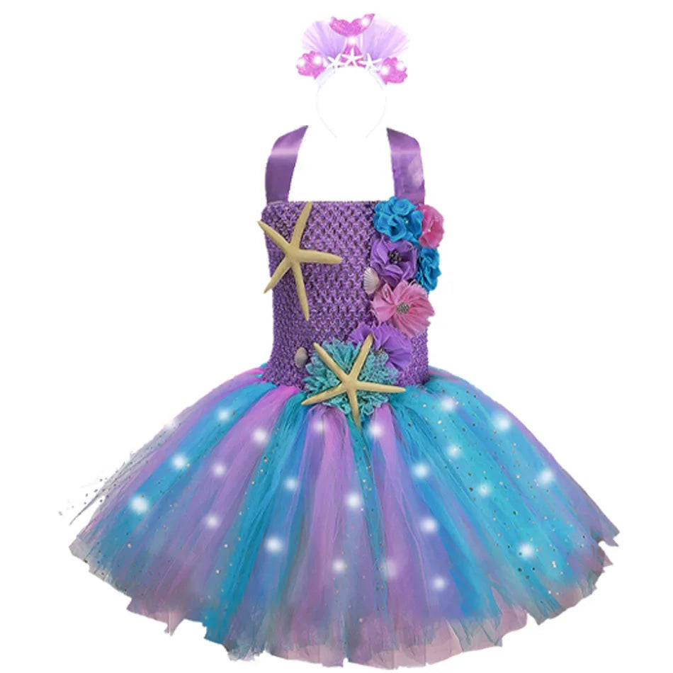"Enchanted Glow: Girls' LED Pastel Mermaid and Unicorn Costume Tutu Dress"