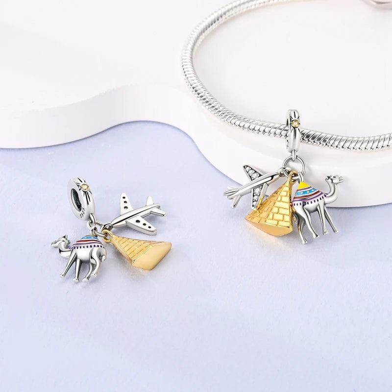 "925 Silver Charms: Angel, Camel, and Pyramid Pendants with Colorful Accents for DIY Jewelry Making"