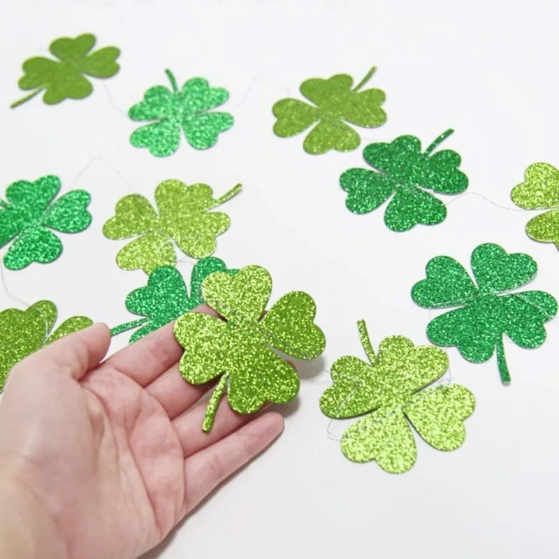 "Glitter Shamrock Clover Garland – St. Patrick's Day Streamer Banner for Parties & Decor"