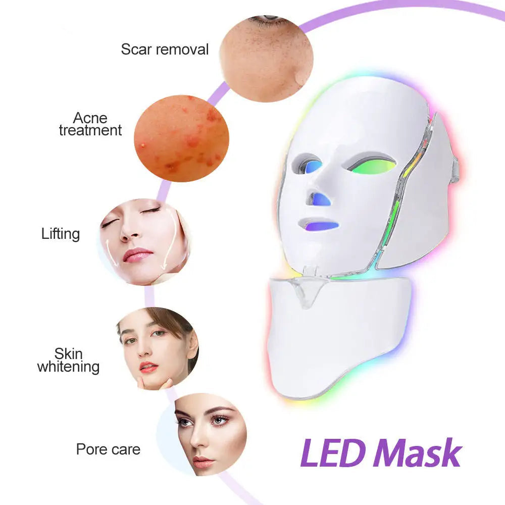 "7-Color LED Facial & Neck Therapy Mask - Skin Rejuvenation, Anti-Acne, and Beauty Spa Treatment for Face and Neck"