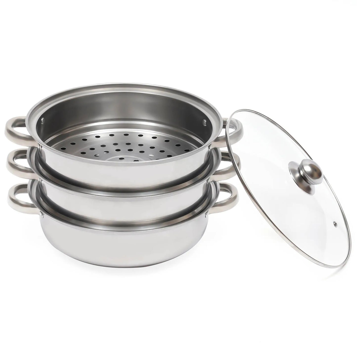 "28cm 3-Tier Stainless Steel Steamer Cooker Pot Set with Glass Lid - Versatile Cooking Essential"