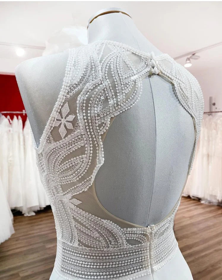 Boho Chiffon Beach Wedding Dress 2024 Lace Unique Open Back Sexy V Neck Bridal Gowns