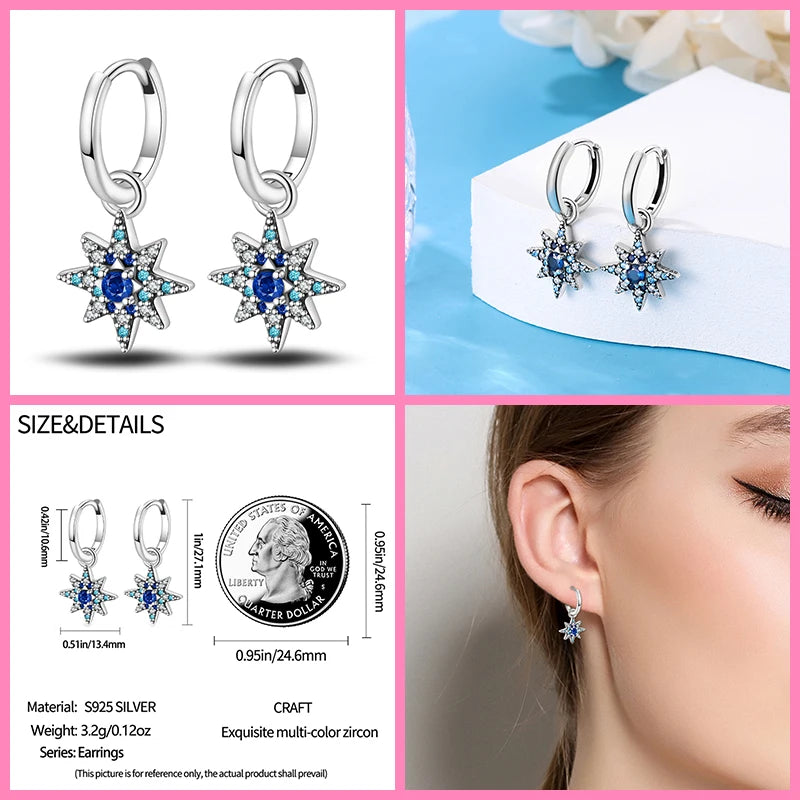 2024 New in Star Shaped Blue Sparkling Zircon Stud Earrings Women 925 Silver Pendant Earring Jewelry Party Anniversary Hot Gift