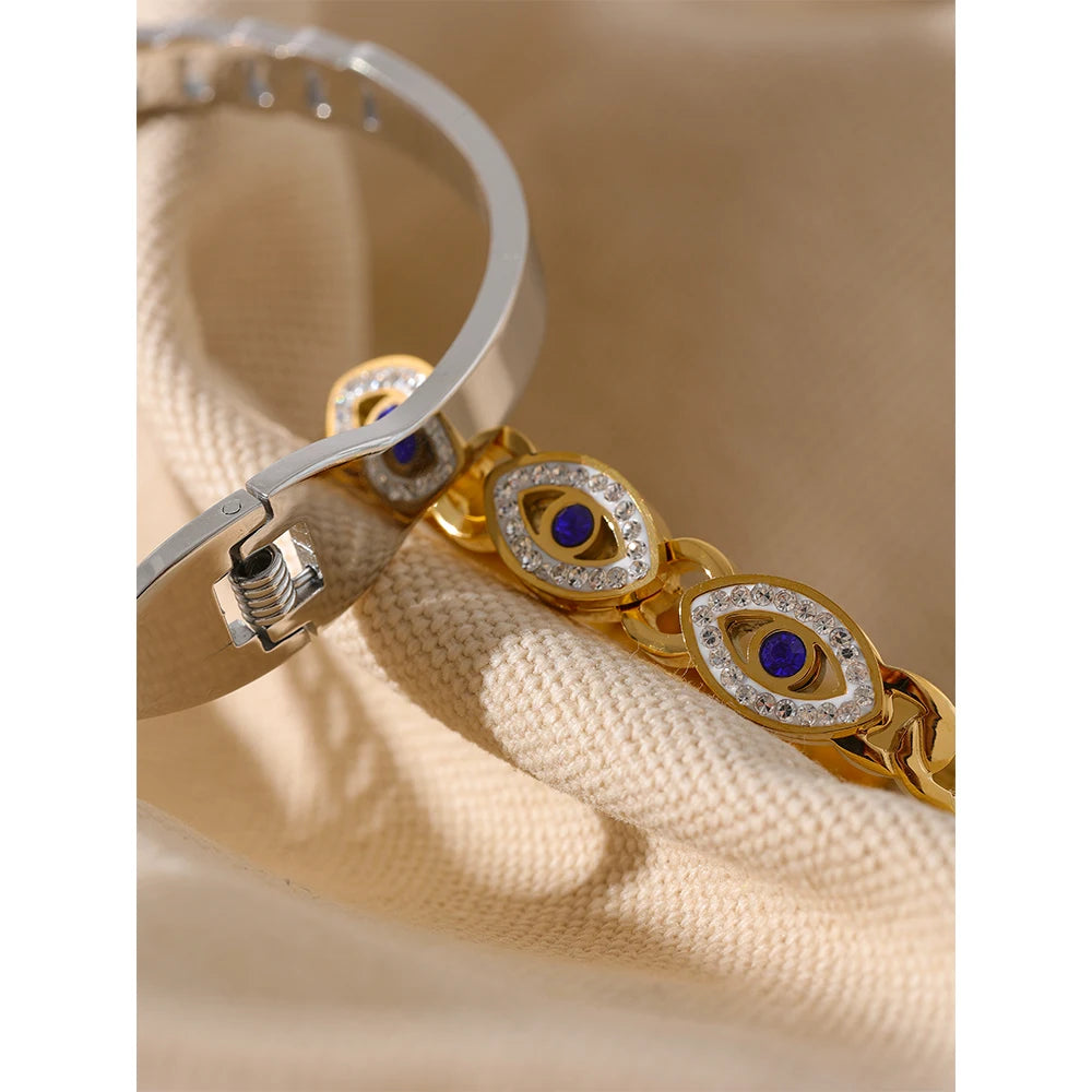 Charm Turkish Evil Eye Stainless Steel Statement Bangle Bracelet Trendy Fashion Zircon Waterproof Gold Color Jewelry