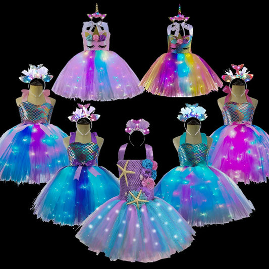 "Enchanted Glow: Girls' LED Pastel Mermaid and Unicorn Costume Tutu Dress"