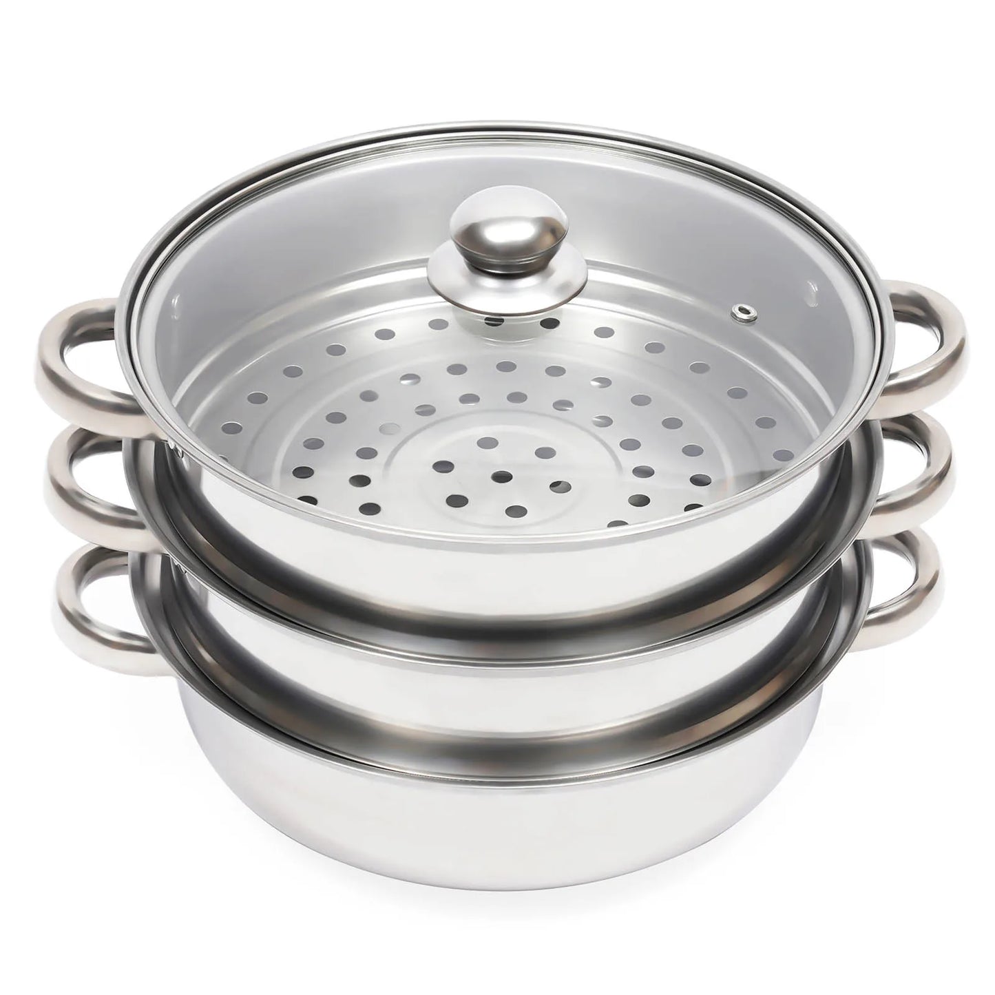 "28cm 3-Tier Stainless Steel Steamer Cooker Pot Set with Glass Lid - Versatile Cooking Essential"