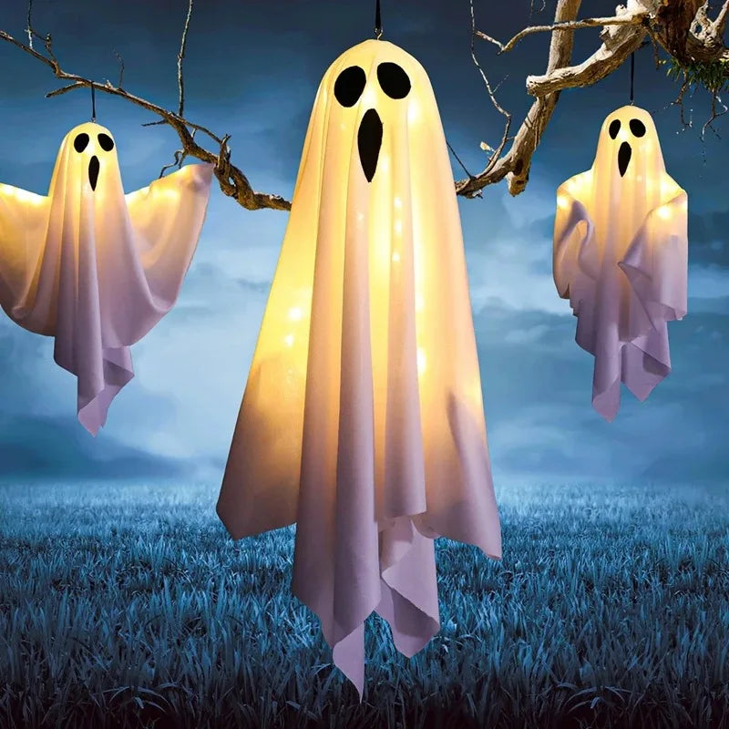 "LED Light-Up Hanging Ghost - Spooky Flying Ghost Prop for Outdoor Yard, Tree, & Porch - Perfect Halloween Party Decor"