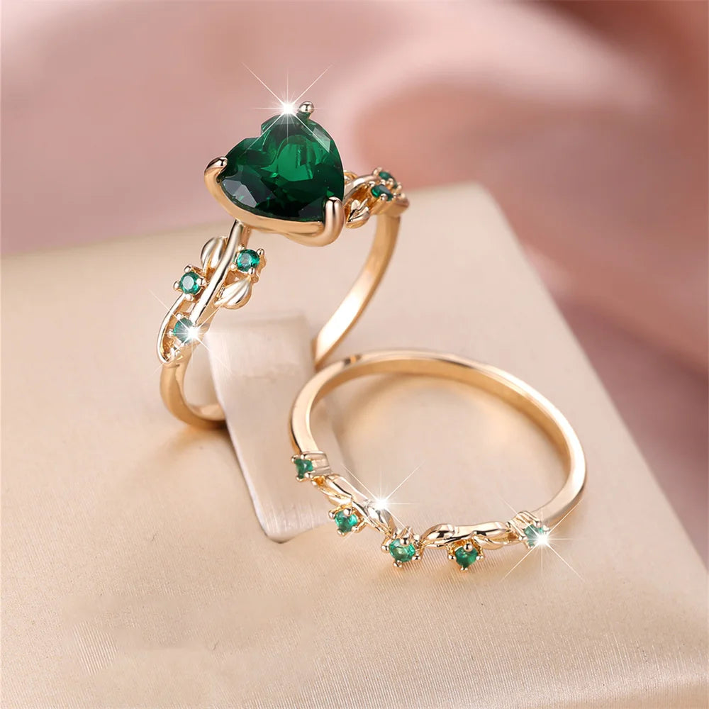 Royal Blue, Green, Black, Red, Stone Heart Ring Sets For Women Rose Gold Color White Zircon.