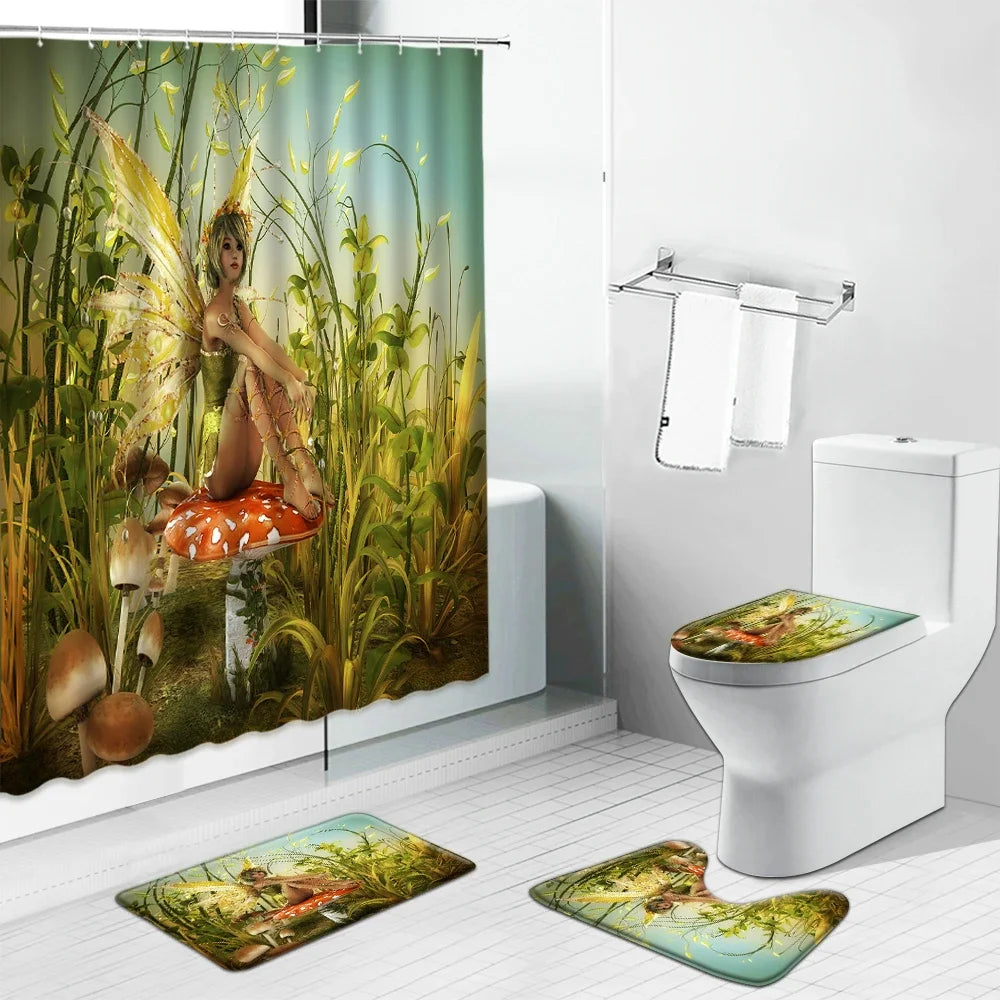 "Angels in Heaven Shower Curtain Set - Fantasy Enchanted Forest Design with Elves, Mushroom Motif, Toilet Lid Cover & Bath Mat"