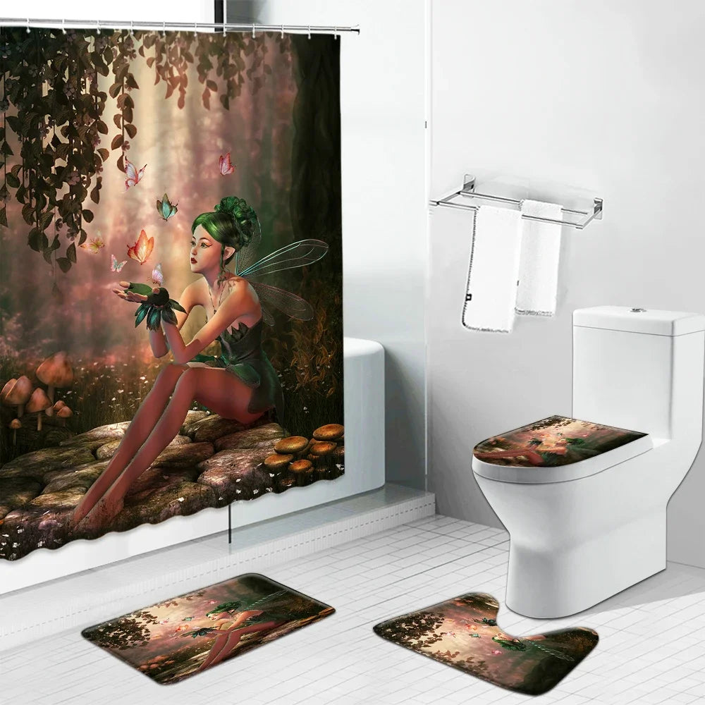 "Angels in Heaven Shower Curtain Set - Fantasy Enchanted Forest Design with Elves, Mushroom Motif, Toilet Lid Cover & Bath Mat"