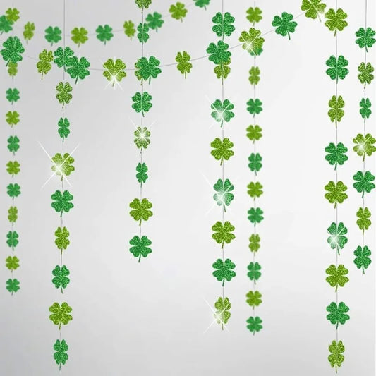 "Glitter Shamrock Clover Garland – St. Patrick's Day Streamer Banner for Parties & Decor"