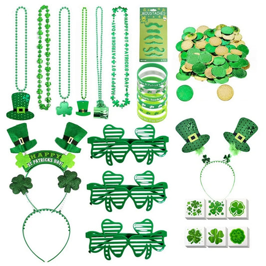 "St. Patrick's Day Decorations Set - Green Glasses, Necklaces, Headband, Bracelets, Coins, Tattoos, and Stickers for Festive Celebration"