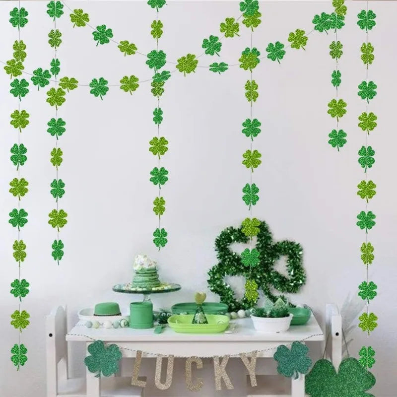 "Glitter Shamrock Clover Garland – St. Patrick's Day Streamer Banner for Parties & Decor"