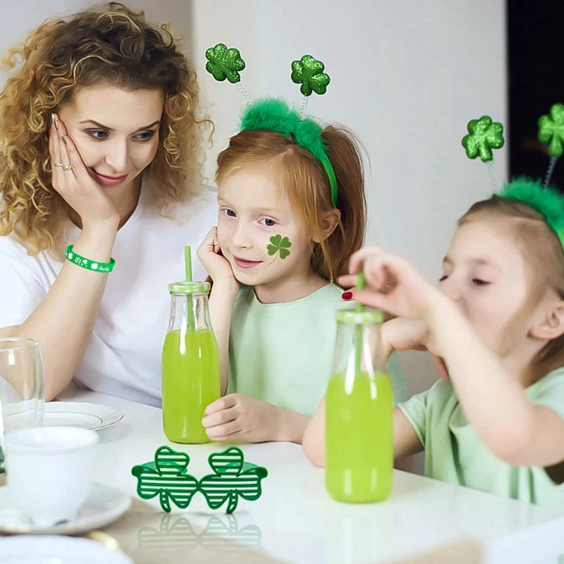 "St. Patrick's Day Decorations Set - Green Glasses, Necklaces, Headband, Bracelets, Coins, Tattoos, and Stickers for Festive Celebration"