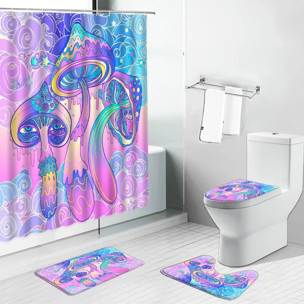 "Angels in Heaven Shower Curtain Set - Fantasy Enchanted Forest Design with Elves, Mushroom Motif, Toilet Lid Cover & Bath Mat"